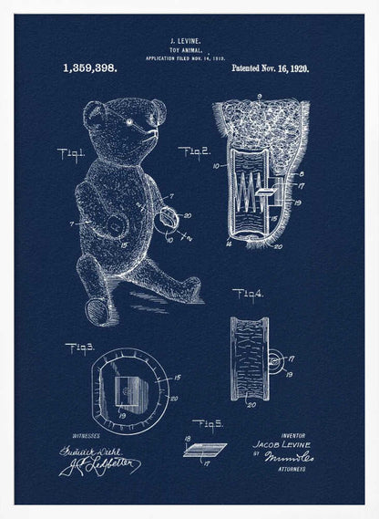 A framed vintage patent blueprint for a toy animal, specifically a teddy bear. The poster is dark blue with white line drawings and text, showing various figures and cross-sections of the bear and its internal mechanisms. Text at the top reads 'J. Levine, Toy Animal, Patented Nov. 16, 1920'. Wall Art
