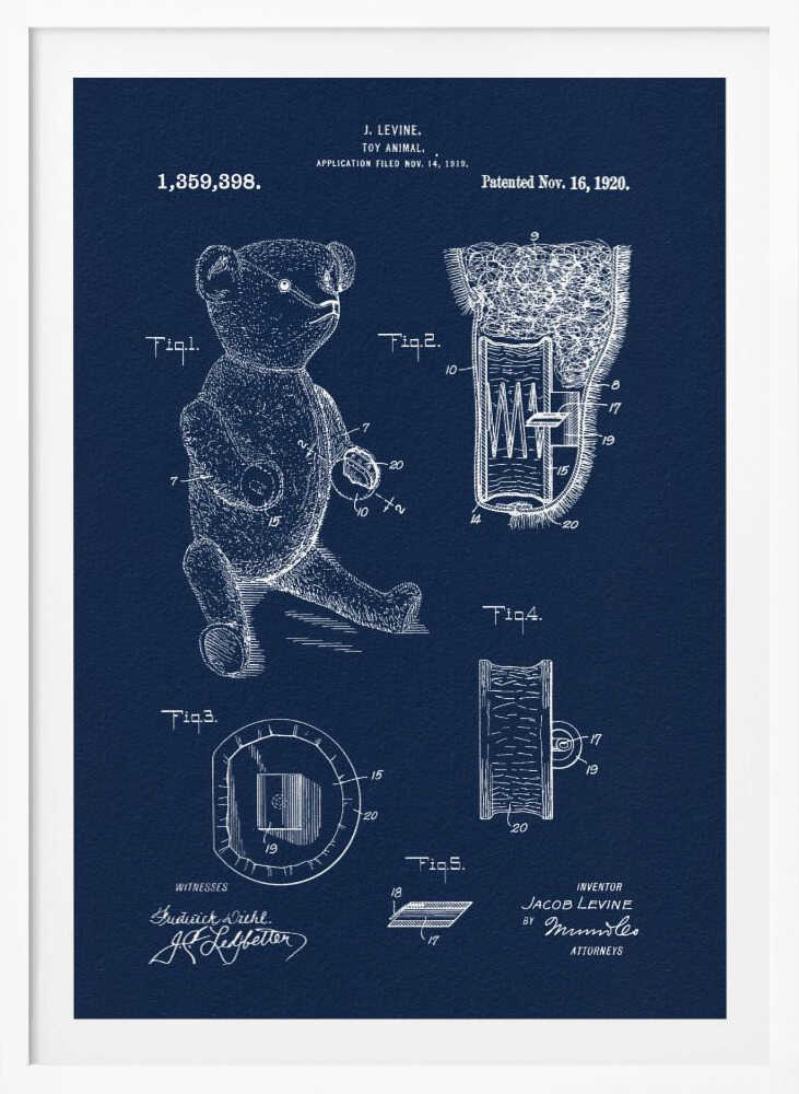 A framed vintage patent blueprint for a toy animal, specifically a teddy bear. The poster is dark blue with white line drawings and text, showing various figures and cross-sections of the bear and its internal mechanisms. Text at the top reads 'J. Levine, Toy Animal, Patented Nov. 16, 1920'. Wall Art