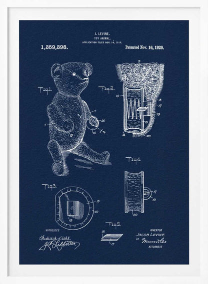 A framed vintage patent blueprint for a toy animal, specifically a teddy bear. The poster is dark blue with white line drawings and text, showing various figures and cross-sections of the bear and its internal mechanisms. Text at the top reads 'J. Levine, Toy Animal, Patented Nov. 16, 1920'. Wall Art