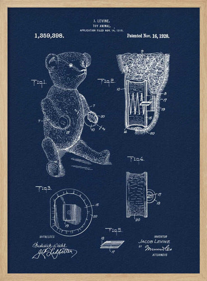 A framed vintage patent blueprint for a toy animal, specifically a teddy bear. The poster is dark blue with white line drawings and text, showing various figures and cross-sections of the bear and its internal mechanisms. Text at the top reads 'J. Levine, Toy Animal, Patented Nov. 16, 1920'. Wall Art