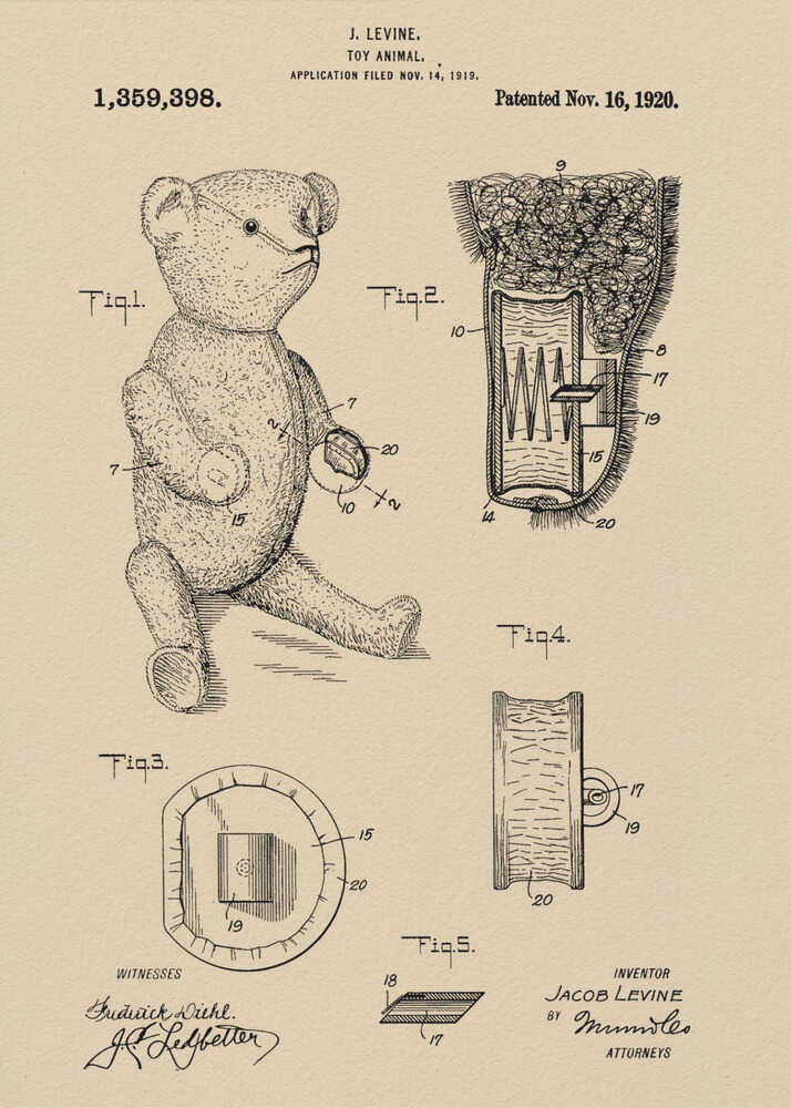 A framed vintage patent illustration for a 'Toy Animal,' specifically a teddy bear, by inventor J. Levine. The drawing is on beige parchment-style paper with black ink, showing multiple figures including a full teddy bear and detailed cross-sections of its internal mechanisms. The patent number 1,359,398 and date Nov. 16, 1920 are printed at the top. Wall Art