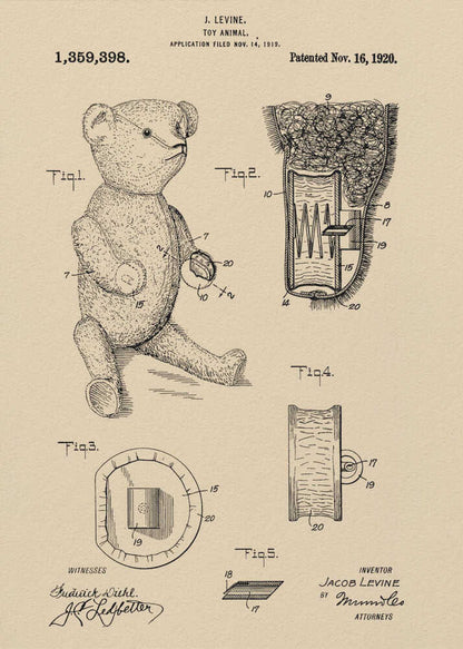 A framed vintage patent illustration for a 'Toy Animal,' specifically a teddy bear, by inventor J. Levine. The drawing is on beige parchment-style paper with black ink, showing multiple figures including a full teddy bear and detailed cross-sections of its internal mechanisms. The patent number 1,359,398 and date Nov. 16, 1920 are printed at the top. Wall Art