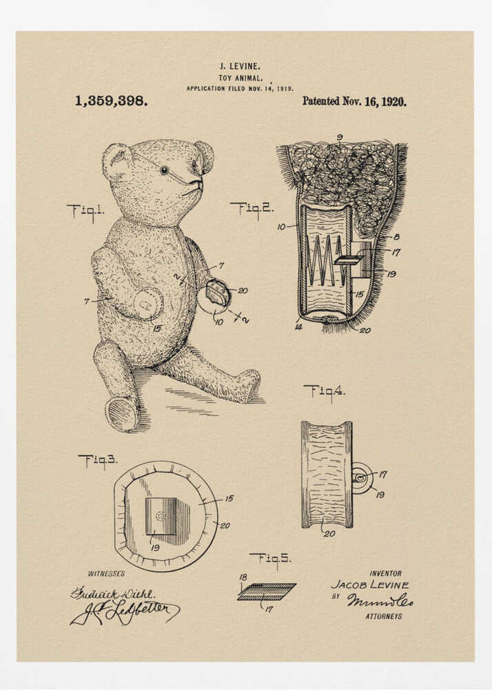 A framed vintage patent illustration for a 'Toy Animal,' specifically a teddy bear, by inventor J. Levine. The drawing is on beige parchment-style paper with black ink, showing multiple figures including a full teddy bear and detailed cross-sections of its internal mechanisms. The patent number 1,359,398 and date Nov. 16, 1920 are printed at the top. Wall Art