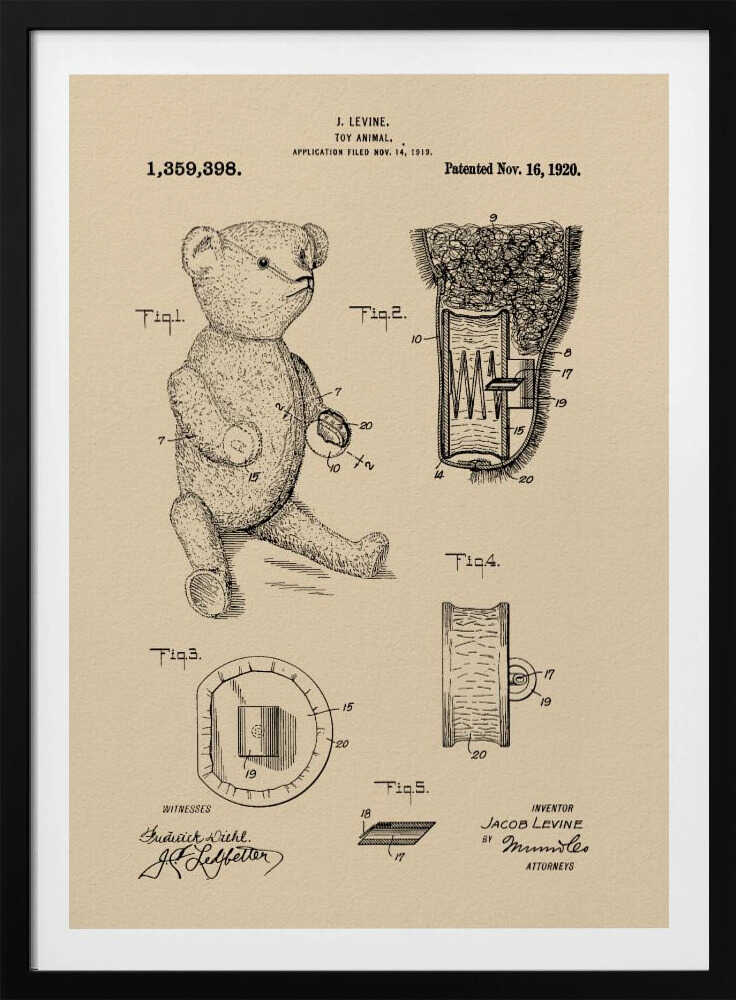 A framed vintage patent illustration for a 'Toy Animal,' specifically a teddy bear, by inventor J. Levine. The drawing is on beige parchment-style paper with black ink, showing multiple figures including a full teddy bear and detailed cross-sections of its internal mechanisms. The patent number 1,359,398 and date Nov. 16, 1920 are printed at the top. Wall Art