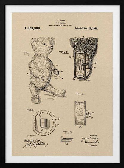 A framed vintage patent illustration for a 'Toy Animal,' specifically a teddy bear, by inventor J. Levine. The drawing is on beige parchment-style paper with black ink, showing multiple figures including a full teddy bear and detailed cross-sections of its internal mechanisms. The patent number 1,359,398 and date Nov. 16, 1920 are printed at the top. Wall Art