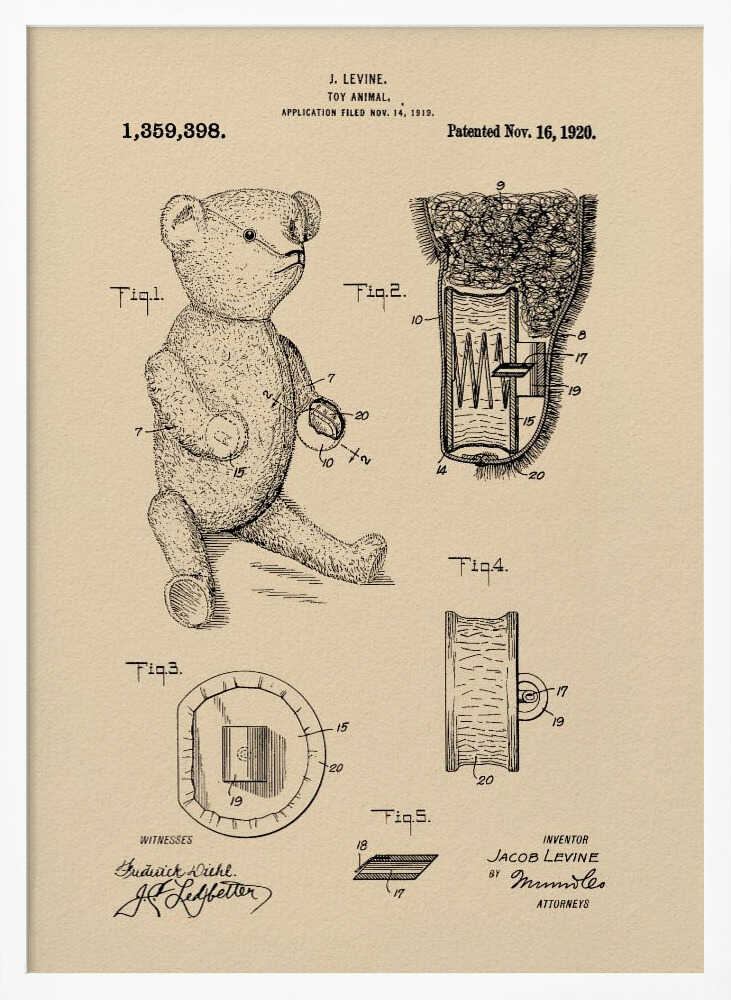 A framed vintage patent illustration for a 'Toy Animal,' specifically a teddy bear, by inventor J. Levine. The drawing is on beige parchment-style paper with black ink, showing multiple figures including a full teddy bear and detailed cross-sections of its internal mechanisms. The patent number 1,359,398 and date Nov. 16, 1920 are printed at the top. Wall Art