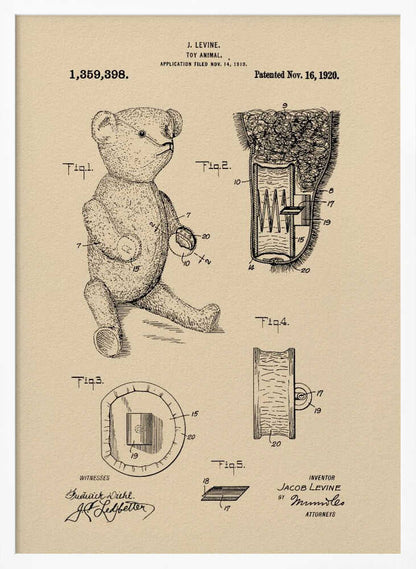 A framed vintage patent illustration for a 'Toy Animal,' specifically a teddy bear, by inventor J. Levine. The drawing is on beige parchment-style paper with black ink, showing multiple figures including a full teddy bear and detailed cross-sections of its internal mechanisms. The patent number 1,359,398 and date Nov. 16, 1920 are printed at the top. Wall Art