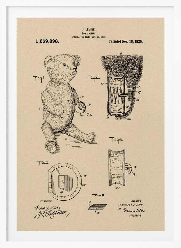 A framed vintage patent illustration for a 'Toy Animal,' specifically a teddy bear, by inventor J. Levine. The drawing is on beige parchment-style paper with black ink, showing multiple figures including a full teddy bear and detailed cross-sections of its internal mechanisms. The patent number 1,359,398 and date Nov. 16, 1920 are printed at the top. Wall Art