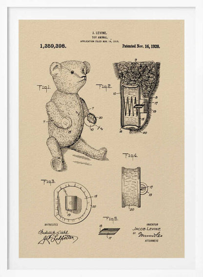 A framed vintage patent illustration for a 'Toy Animal,' specifically a teddy bear, by inventor J. Levine. The drawing is on beige parchment-style paper with black ink, showing multiple figures including a full teddy bear and detailed cross-sections of its internal mechanisms. The patent number 1,359,398 and date Nov. 16, 1920 are printed at the top. Wall Art