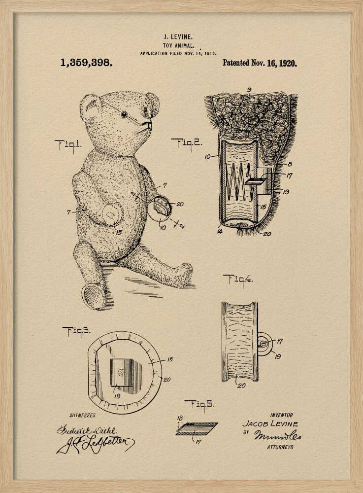 A framed vintage patent illustration for a 'Toy Animal,' specifically a teddy bear, by inventor J. Levine. The drawing is on beige parchment-style paper with black ink, showing multiple figures including a full teddy bear and detailed cross-sections of its internal mechanisms. The patent number 1,359,398 and date Nov. 16, 1920 are printed at the top. Wall Art