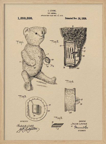 A framed vintage patent illustration for a 'Toy Animal,' specifically a teddy bear, by inventor J. Levine. The drawing is on beige parchment-style paper with black ink, showing multiple figures including a full teddy bear and detailed cross-sections of its internal mechanisms. The patent number 1,359,398 and date Nov. 16, 1920 are printed at the top. Wall Art