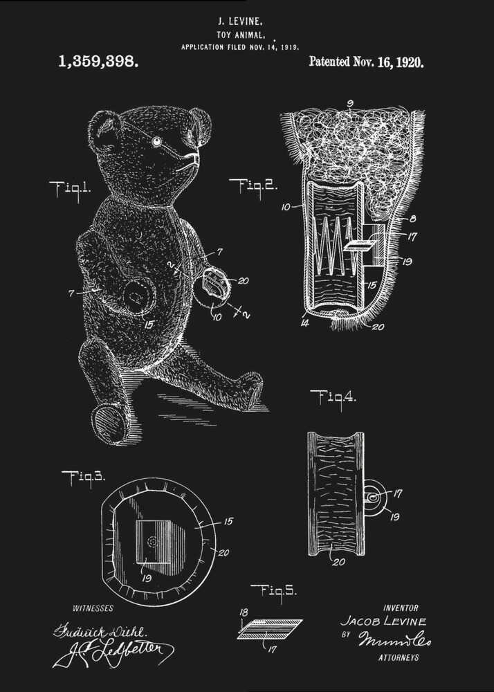 A framed vintage patent illustration for a toy animal, dated November 16, 1920. The technical drawing is presented in white on a black background, showing a teddy bear and detailed cross-sections of its internal mechanisms. Artwork