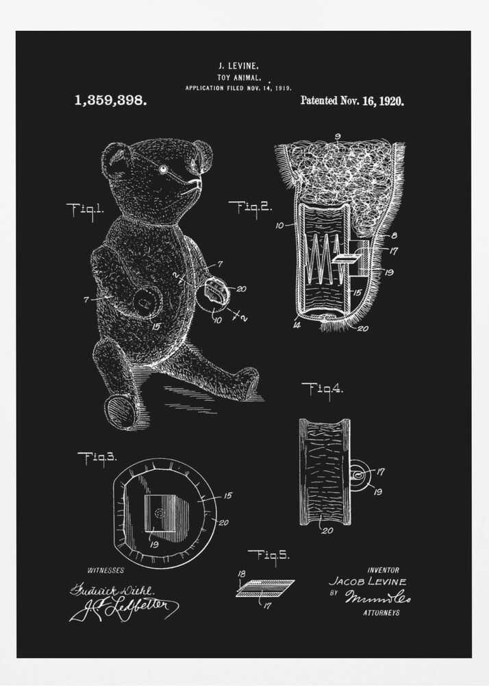 A framed vintage patent illustration for a toy animal, dated November 16, 1920. The technical drawing is presented in white on a black background, showing a teddy bear and detailed cross-sections of its internal mechanisms. Artwork