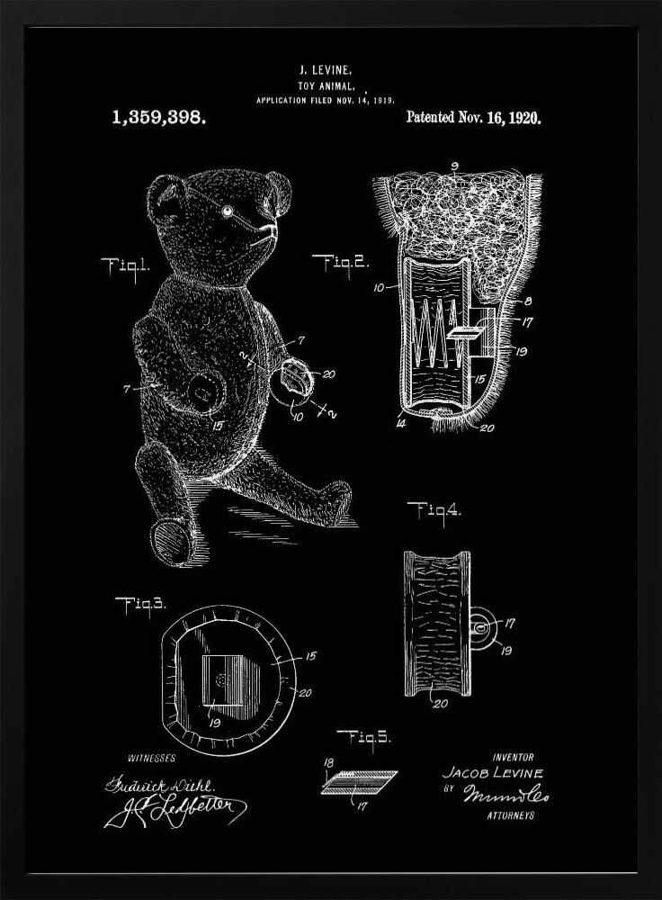 A framed vintage patent illustration for a toy animal, dated November 16, 1920. The technical drawing is presented in white on a black background, showing a teddy bear and detailed cross-sections of its internal mechanisms. Artwork