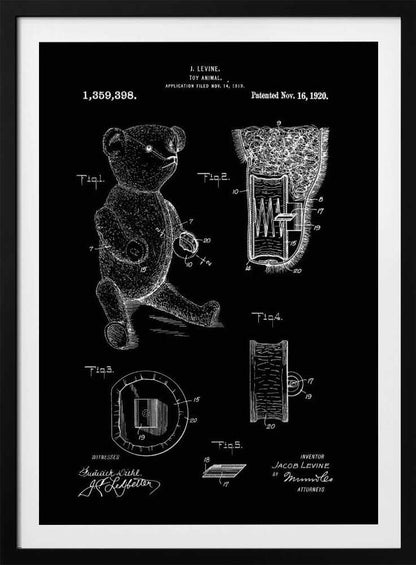 A framed vintage patent illustration for a toy animal, dated November 16, 1920. The technical drawing is presented in white on a black background, showing a teddy bear and detailed cross-sections of its internal mechanisms. Artwork