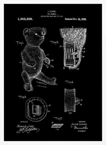 A framed vintage patent illustration for a toy animal, dated November 16, 1920. The technical drawing is presented in white on a black background, showing a teddy bear and detailed cross-sections of its internal mechanisms. Artwork