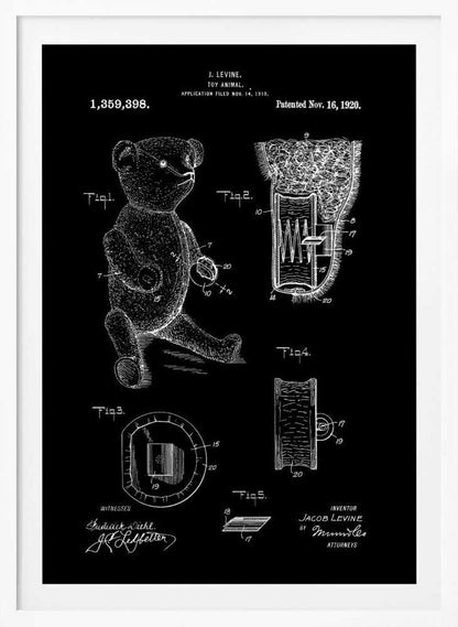 A framed vintage patent illustration for a toy animal, dated November 16, 1920. The technical drawing is presented in white on a black background, showing a teddy bear and detailed cross-sections of its internal mechanisms. Artwork