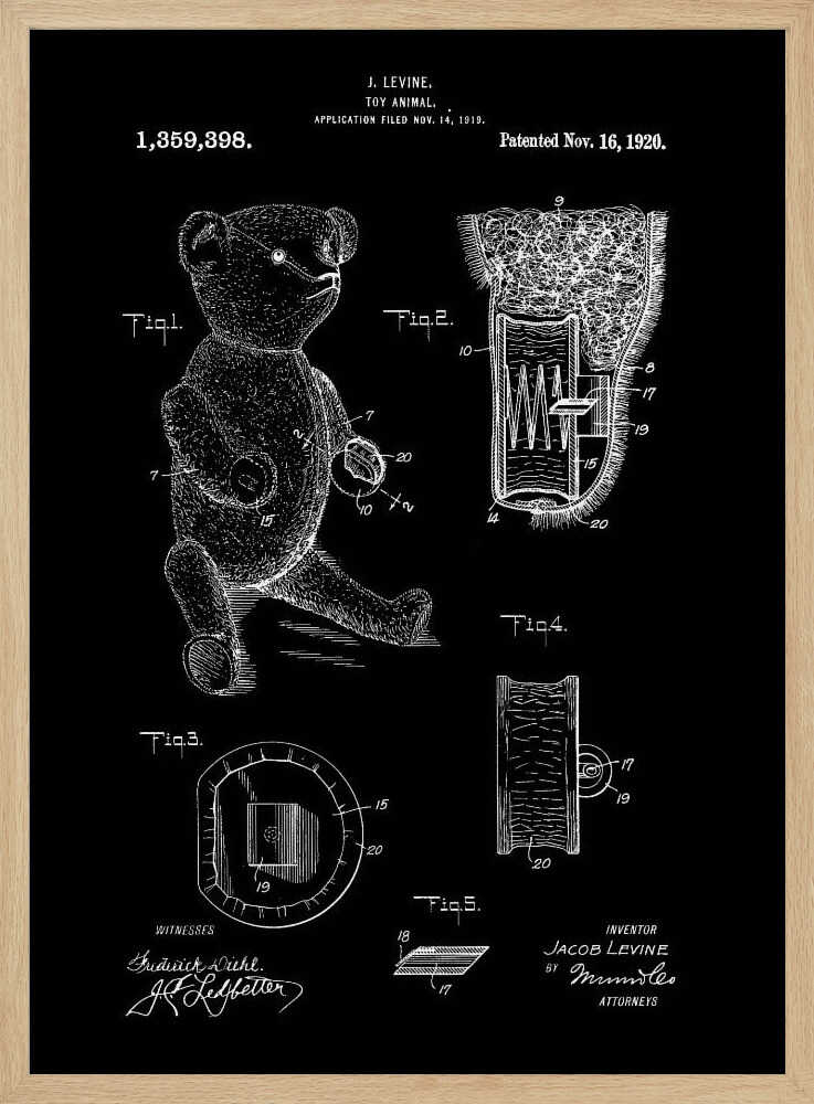 A framed vintage patent illustration for a toy animal, dated November 16, 1920. The technical drawing is presented in white on a black background, showing a teddy bear and detailed cross-sections of its internal mechanisms. Artwork