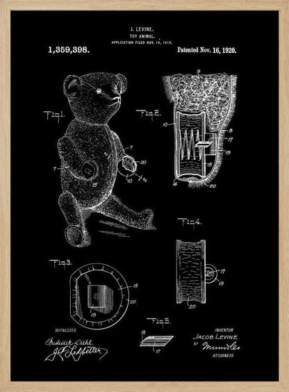 A framed vintage patent illustration for a toy animal, dated November 16, 1920. The technical drawing is presented in white on a black background, showing a teddy bear and detailed cross-sections of its internal mechanisms. Artwork