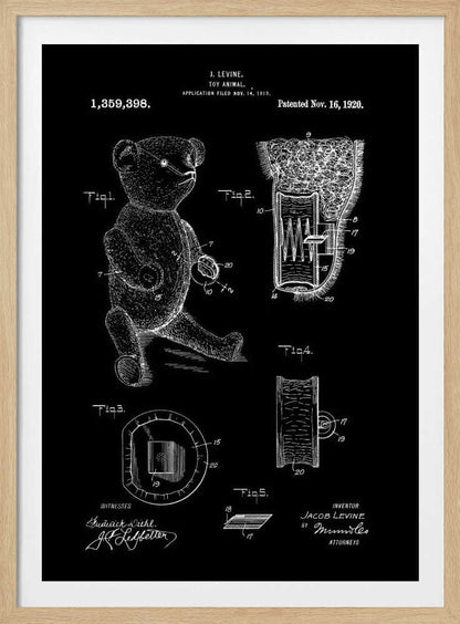 A framed vintage patent illustration for a toy animal, dated November 16, 1920. The technical drawing is presented in white on a black background, showing a teddy bear and detailed cross-sections of its internal mechanisms. Artwork