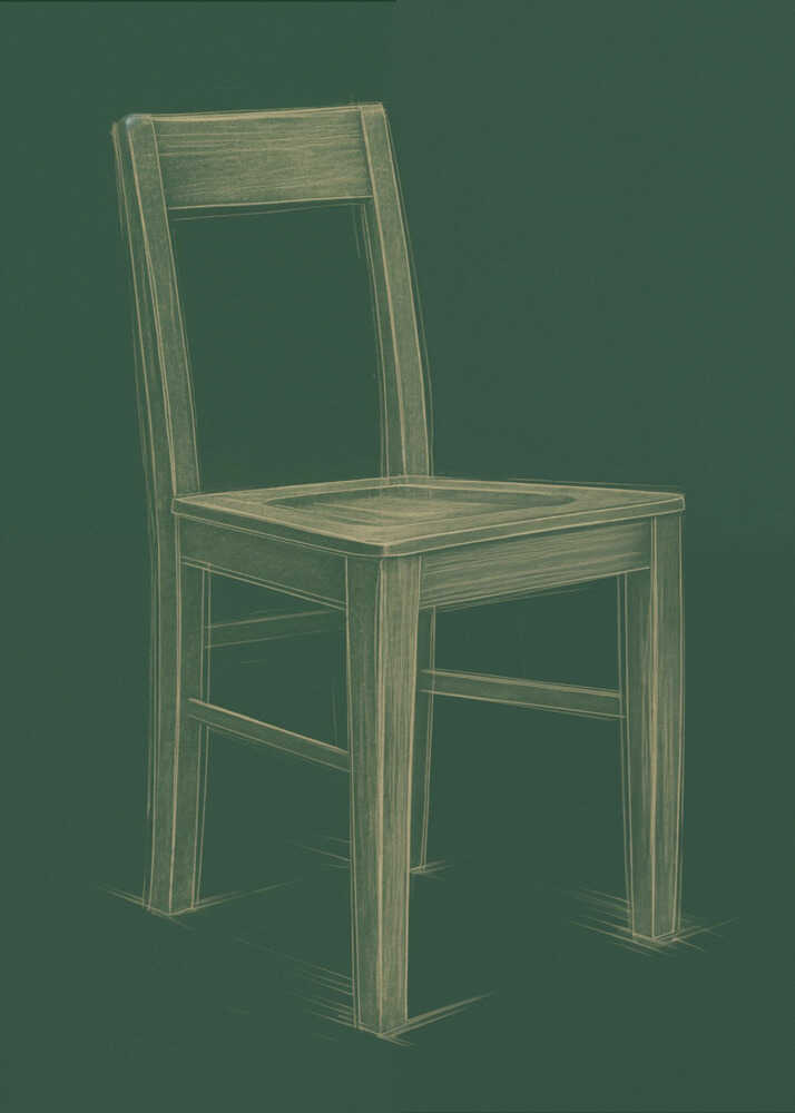 A sketched illustration of a simple wooden chair in a light yellow-green color against a dark green background, resembling a chalk drawing on a chalkboard. The artwork is enclosed in a thin black frame. Wall Art