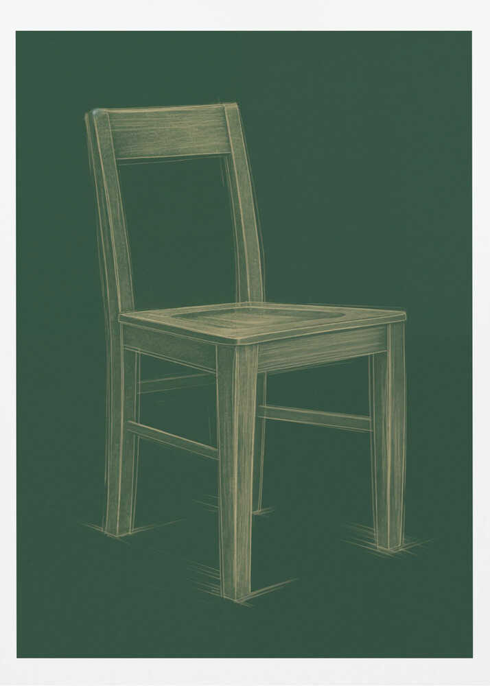 A sketched illustration of a simple wooden chair in a light yellow-green color against a dark green background, resembling a chalk drawing on a chalkboard. The artwork is enclosed in a thin black frame. Wall Art