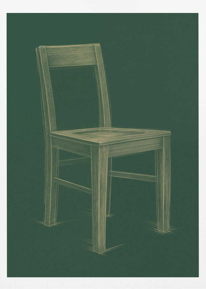 A sketched illustration of a simple wooden chair in a light yellow-green color against a dark green background, resembling a chalk drawing on a chalkboard. The artwork is enclosed in a thin black frame. Wall Art
