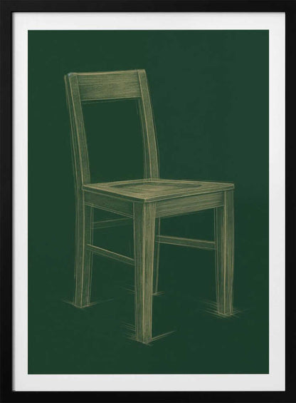 A sketched illustration of a simple wooden chair in a light yellow-green color against a dark green background, resembling a chalk drawing on a chalkboard. The artwork is enclosed in a thin black frame. Wall Art