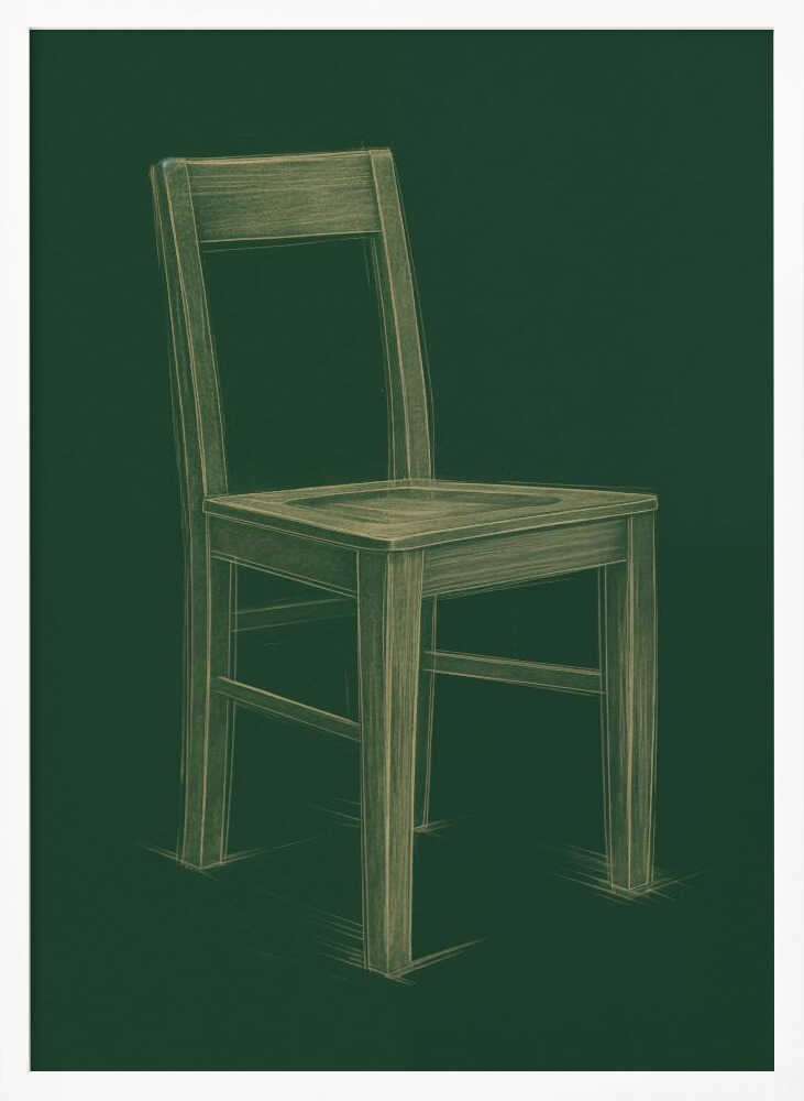 A sketched illustration of a simple wooden chair in a light yellow-green color against a dark green background, resembling a chalk drawing on a chalkboard. The artwork is enclosed in a thin black frame. Wall Art