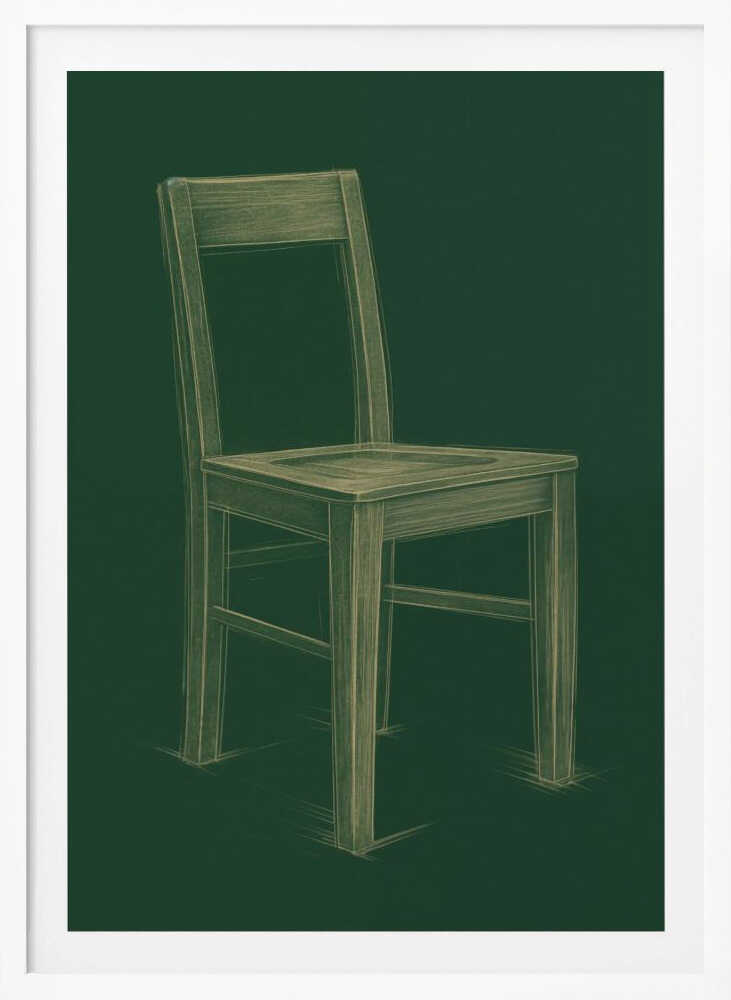 A sketched illustration of a simple wooden chair in a light yellow-green color against a dark green background, resembling a chalk drawing on a chalkboard. The artwork is enclosed in a thin black frame. Wall Art
