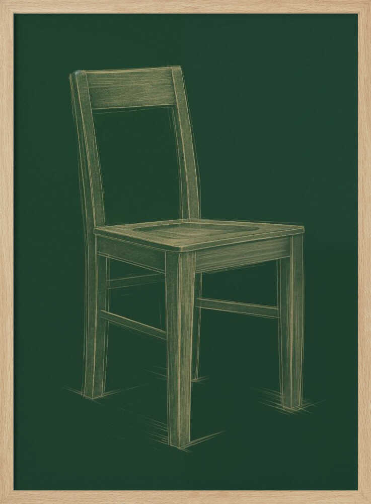 A sketched illustration of a simple wooden chair in a light yellow-green color against a dark green background, resembling a chalk drawing on a chalkboard. The artwork is enclosed in a thin black frame. Wall Art
