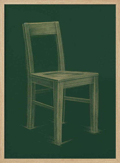 A sketched illustration of a simple wooden chair in a light yellow-green color against a dark green background, resembling a chalk drawing on a chalkboard. The artwork is enclosed in a thin black frame. Wall Art