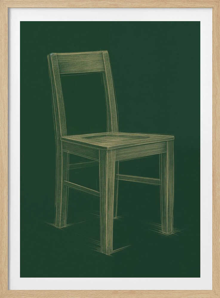 A sketched illustration of a simple wooden chair in a light yellow-green color against a dark green background, resembling a chalk drawing on a chalkboard. The artwork is enclosed in a thin black frame. Wall Art