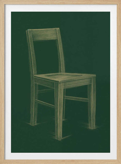 A sketched illustration of a simple wooden chair in a light yellow-green color against a dark green background, resembling a chalk drawing on a chalkboard. The artwork is enclosed in a thin black frame. Wall Art
