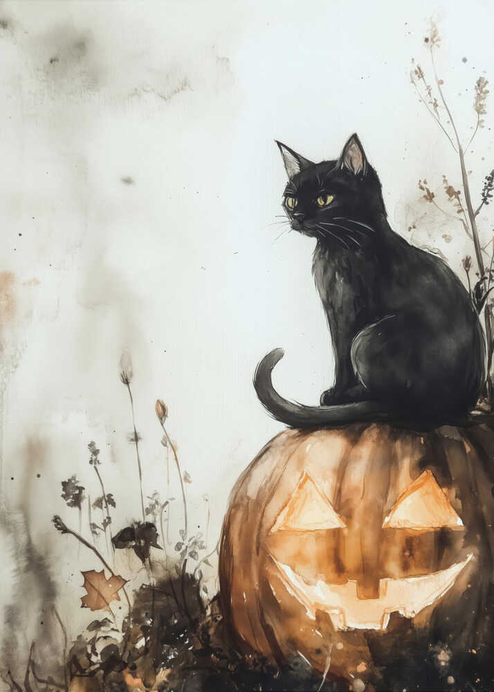 A watercolor style illustration of a black cat with bright yellow eyes sitting on top of a carved pumpkin. The jack-o'-lantern has a wide grin and is glowing from within. The background is a muted, off-white with grey and brown washes, and some dark foliage is visible around the base of the pumpkin. Poster