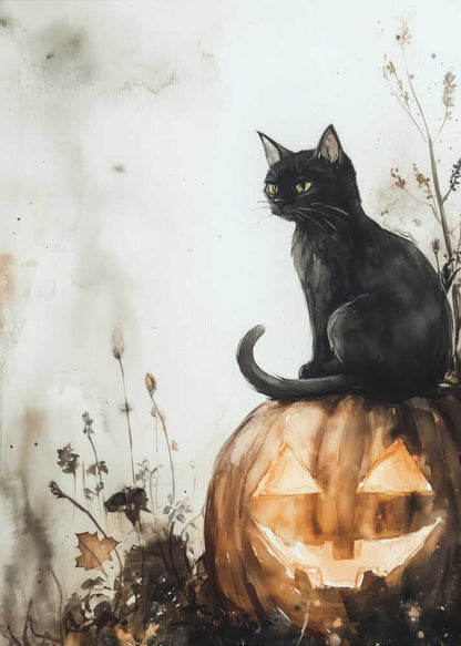 A watercolor style illustration of a black cat with bright yellow eyes sitting on top of a carved pumpkin. The jack-o'-lantern has a wide grin and is glowing from within. The background is a muted, off-white with grey and brown washes, and some dark foliage is visible around the base of the pumpkin. Poster