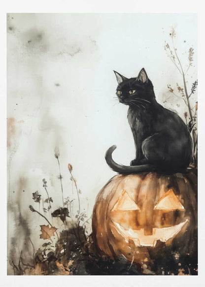 A watercolor style illustration of a black cat with bright yellow eyes sitting on top of a carved pumpkin. The jack-o'-lantern has a wide grin and is glowing from within. The background is a muted, off-white with grey and brown washes, and some dark foliage is visible around the base of the pumpkin. Poster