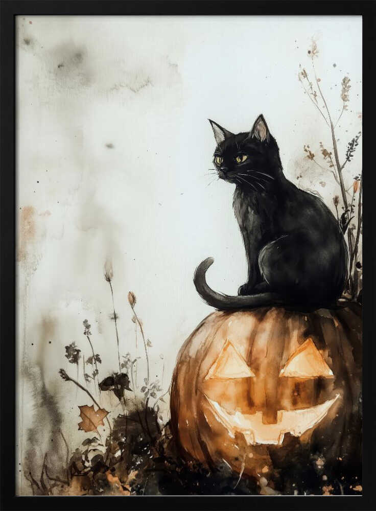 A watercolor style illustration of a black cat with bright yellow eyes sitting on top of a carved pumpkin. The jack-o'-lantern has a wide grin and is glowing from within. The background is a muted, off-white with grey and brown washes, and some dark foliage is visible around the base of the pumpkin. Poster