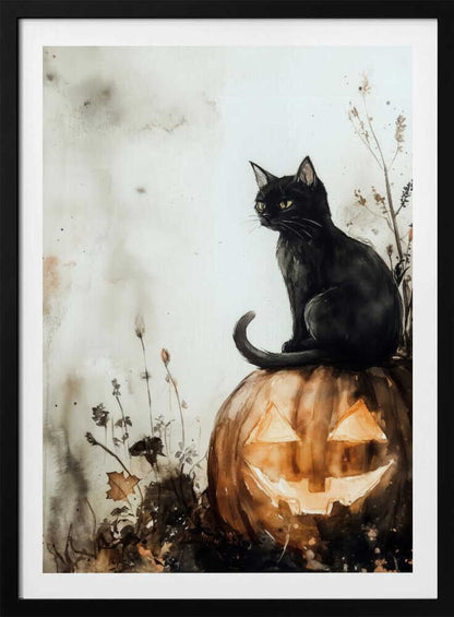 A watercolor style illustration of a black cat with bright yellow eyes sitting on top of a carved pumpkin. The jack-o'-lantern has a wide grin and is glowing from within. The background is a muted, off-white with grey and brown washes, and some dark foliage is visible around the base of the pumpkin. Poster
