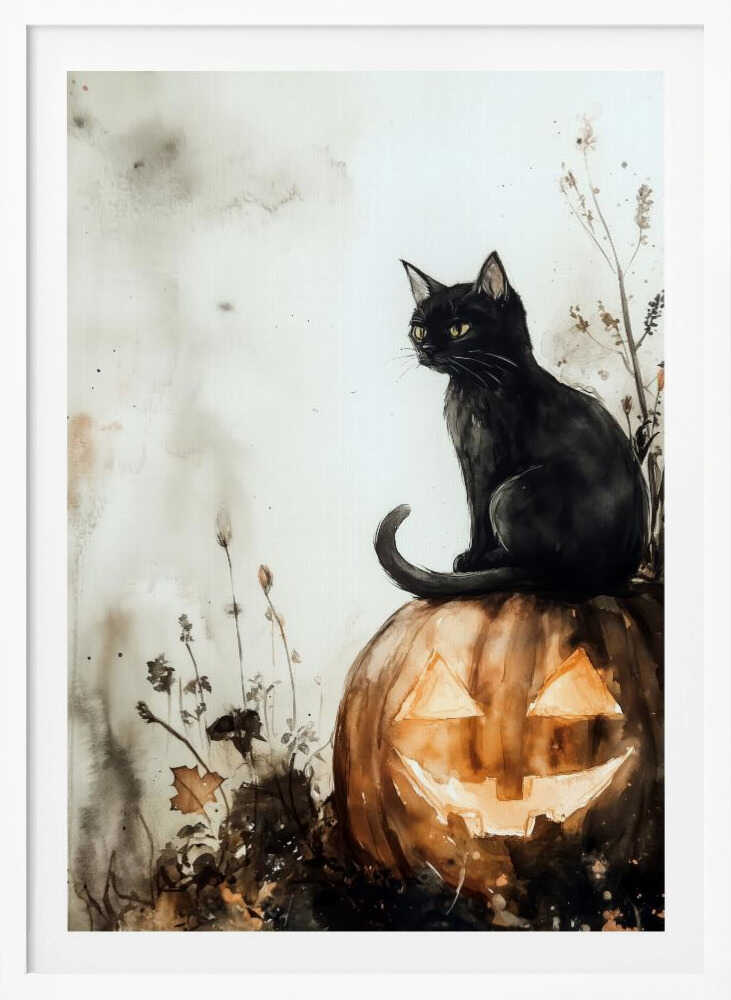 A watercolor style illustration of a black cat with bright yellow eyes sitting on top of a carved pumpkin. The jack-o'-lantern has a wide grin and is glowing from within. The background is a muted, off-white with grey and brown washes, and some dark foliage is visible around the base of the pumpkin. Poster