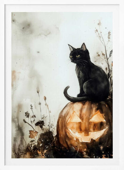 A watercolor style illustration of a black cat with bright yellow eyes sitting on top of a carved pumpkin. The jack-o'-lantern has a wide grin and is glowing from within. The background is a muted, off-white with grey and brown washes, and some dark foliage is visible around the base of the pumpkin. Poster
