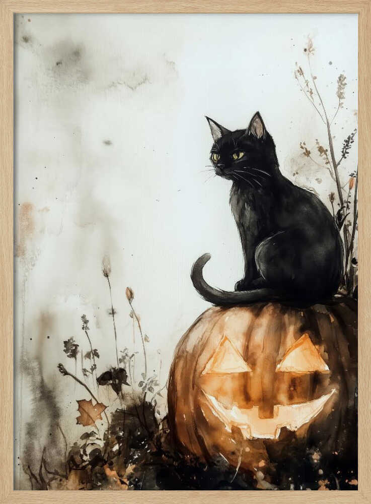 A watercolor style illustration of a black cat with bright yellow eyes sitting on top of a carved pumpkin. The jack-o'-lantern has a wide grin and is glowing from within. The background is a muted, off-white with grey and brown washes, and some dark foliage is visible around the base of the pumpkin. Poster