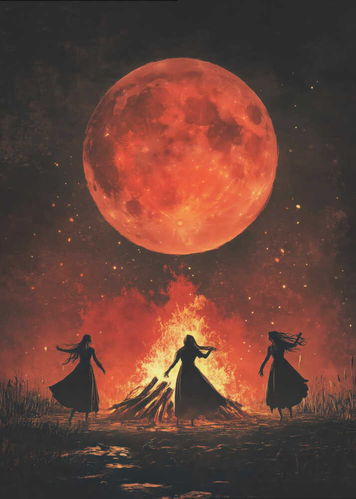 A dramatic painting of three silhouetted women in long dresses dancing around a large bonfire at night. Above them, a massive, textured, blood-red full moon hangs in a dark sky filled with embers and stars. Print
