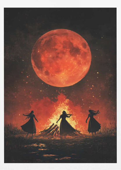 A dramatic painting of three silhouetted women in long dresses dancing around a large bonfire at night. Above them, a massive, textured, blood-red full moon hangs in a dark sky filled with embers and stars. Print