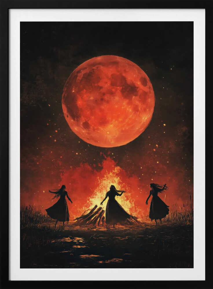 A dramatic painting of three silhouetted women in long dresses dancing around a large bonfire at night. Above them, a massive, textured, blood-red full moon hangs in a dark sky filled with embers and stars. Print
