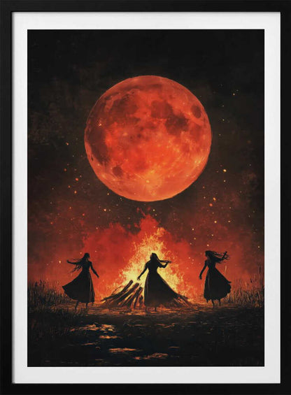 A dramatic painting of three silhouetted women in long dresses dancing around a large bonfire at night. Above them, a massive, textured, blood-red full moon hangs in a dark sky filled with embers and stars. Print