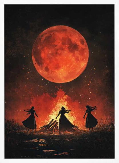 A dramatic painting of three silhouetted women in long dresses dancing around a large bonfire at night. Above them, a massive, textured, blood-red full moon hangs in a dark sky filled with embers and stars. Print
