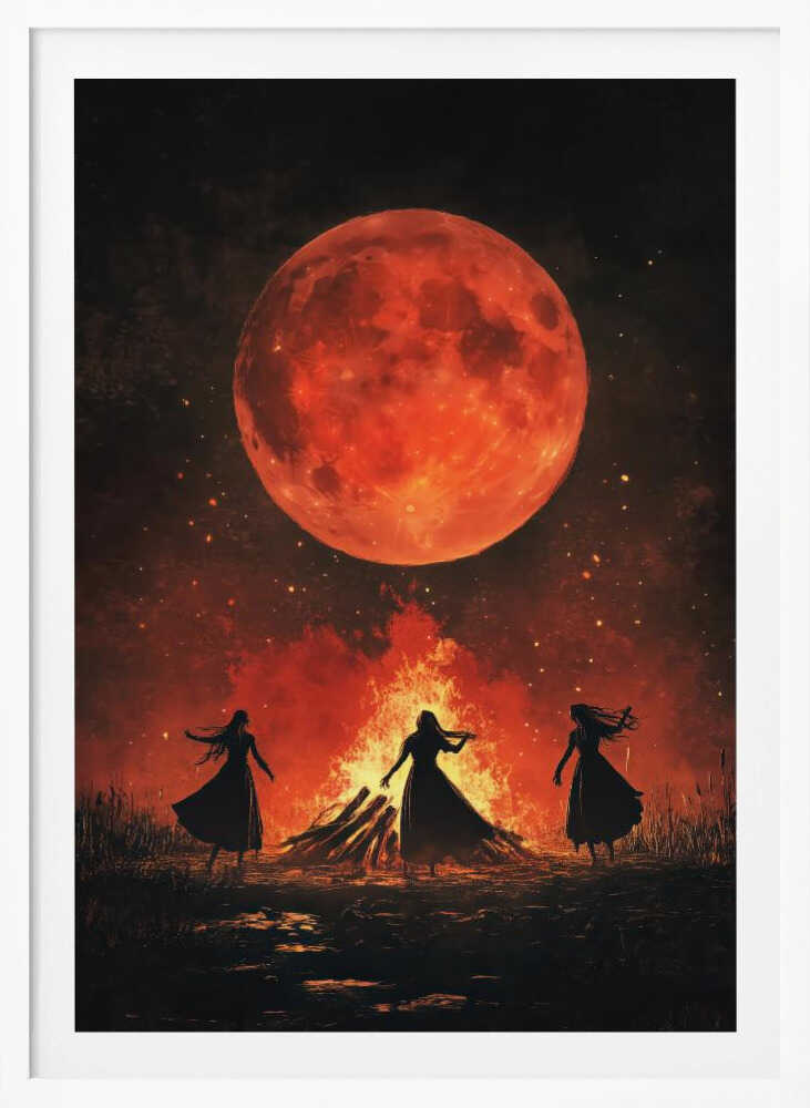 A dramatic painting of three silhouetted women in long dresses dancing around a large bonfire at night. Above them, a massive, textured, blood-red full moon hangs in a dark sky filled with embers and stars. Print