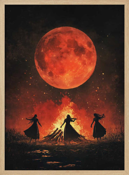A dramatic painting of three silhouetted women in long dresses dancing around a large bonfire at night. Above them, a massive, textured, blood-red full moon hangs in a dark sky filled with embers and stars. Print