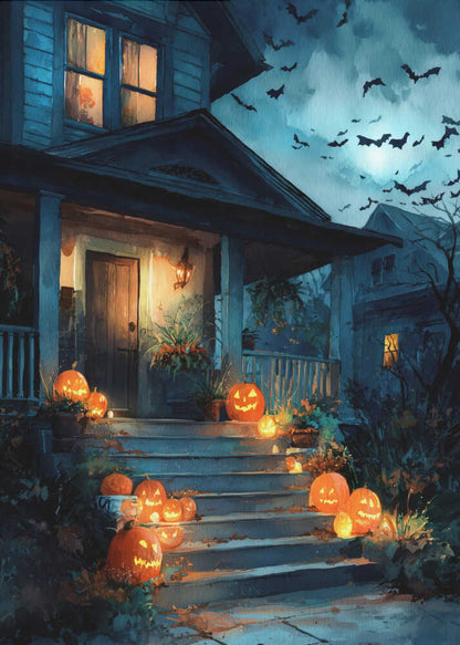 A painterly illustration of a blue house decorated for Halloween at night. Glowing jack-o'-lanterns line the front steps leading to a warmly lit porch. A swarm of bats flies across the dark, moonlit sky. Artwork